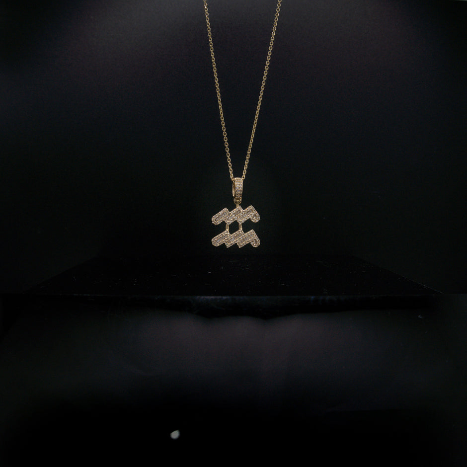 14K Yellow Gold & Natural Diamond Aquarius Zodiac Sign Symbol Horoscope Pendant Charm