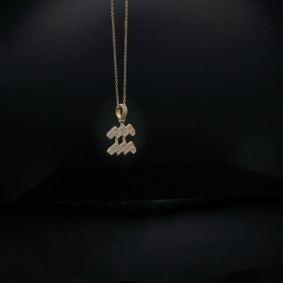 14K Yellow Gold & Natural Diamond Aquarius Zodiac Sign Symbol Horoscope Pendant Charm