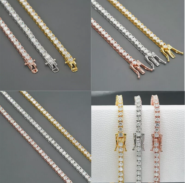 Three diamond bracelets in gold, silver, and rose gold on a gray background.